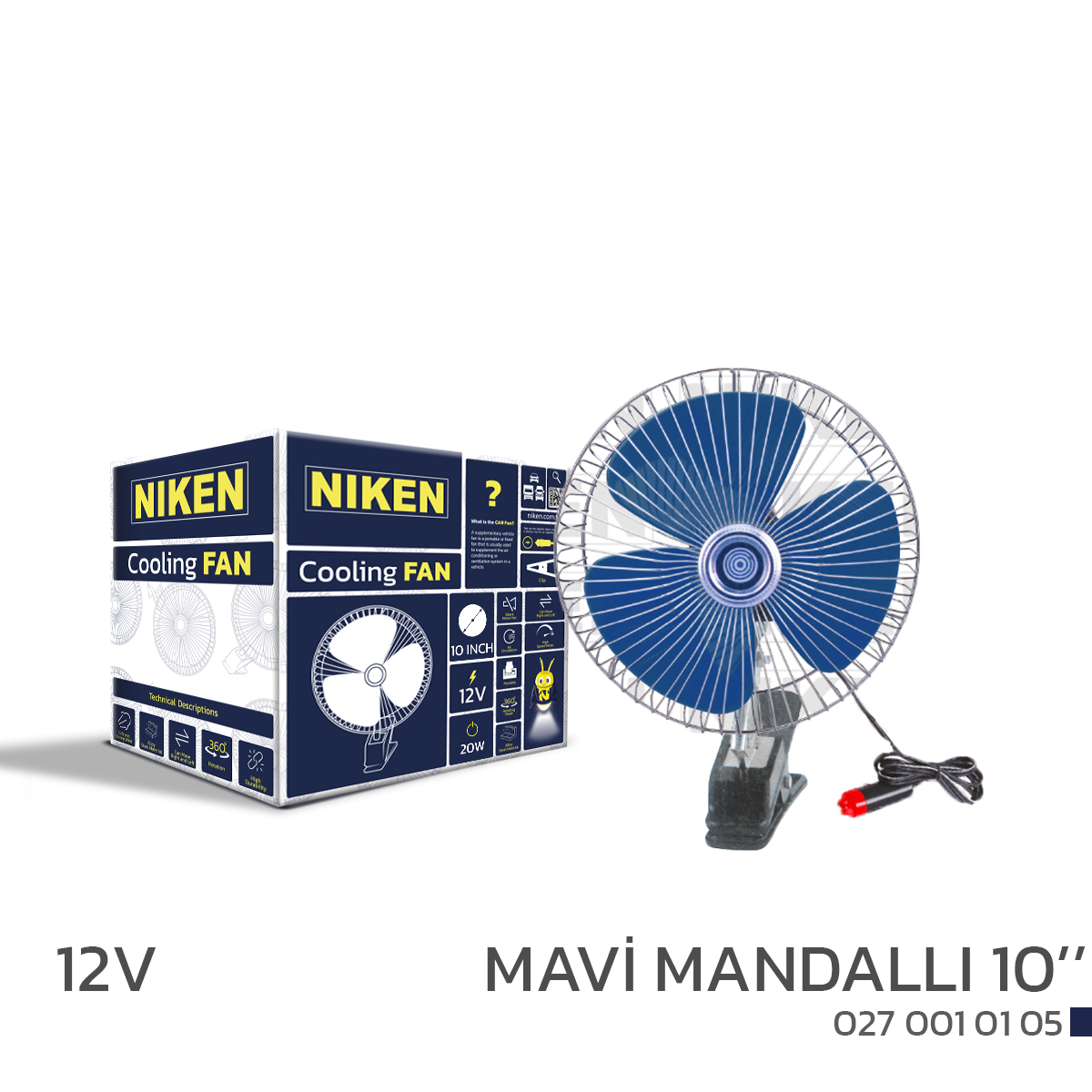 ARAÇ VANTİLATÖRÜ MAVİ MANDALLI 12V 10 İNÇ
